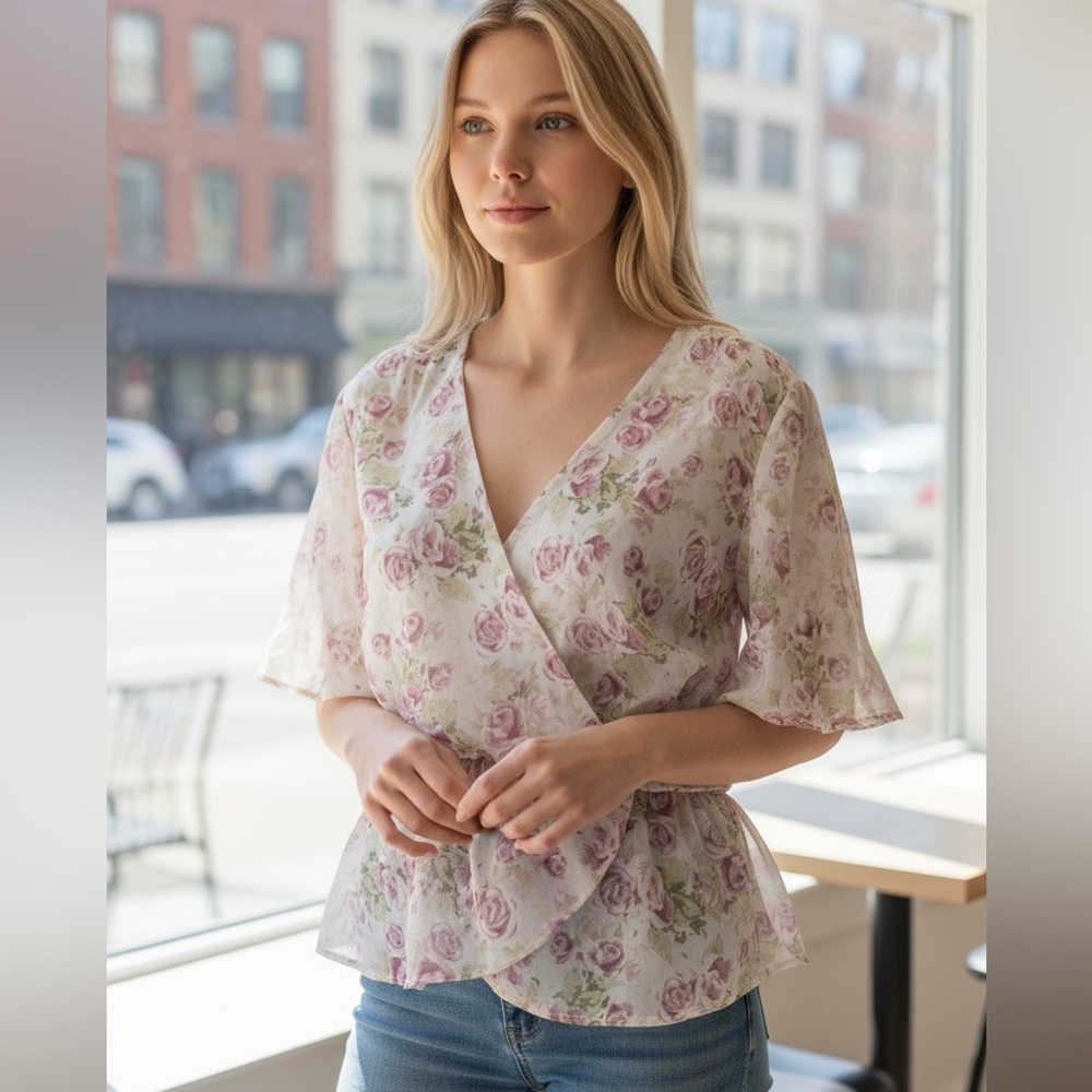 #304 Floral V-Neck Women's Top - Pink and White